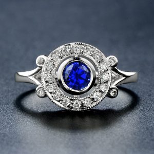 Blue Sapphire Diamond Halo Ring (R2695)