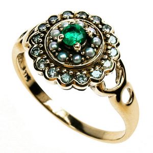 Emerald Pearl Diamond Cluster Ring (R1447)
