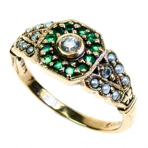 Diamond Emerald Pearl Halo Ring (R1448)