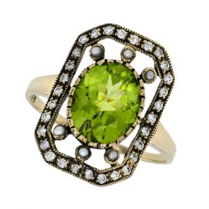 Peridot Pearl Diamond Halo Ring (R1457)