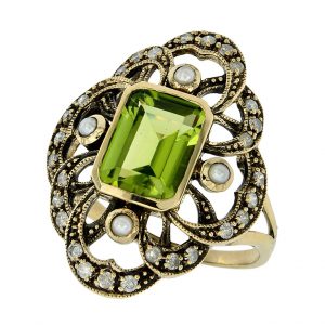 Peridot Pearl Diamond Cocktail Halo Ring (R1465)