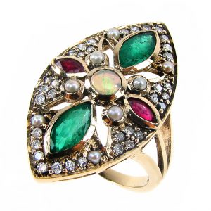 Opal Emerald Ruby Pearl Diamond Halo Ring (R1595)