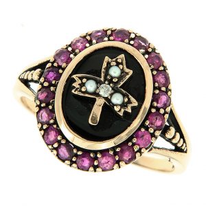 Diamond Pearl Onyx Ruby Halo Ring (R1611)