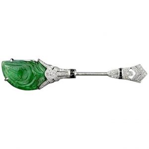 Hand-Carved 16.66 Carat Emerald Onyx Diamond W/G Brooch (C0121)