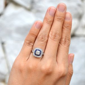 Alternative view of Old Mine Cut Diamond Blue Sapphire Diamond Halo Engagement Ring (R2278-3)
