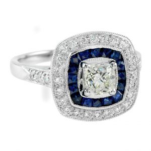 Old Mine Cut Diamond Blue Sapphire Diamond Halo Engagement Ring (R2278-3)
