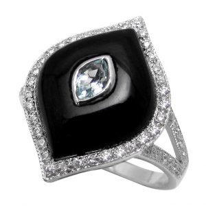 Blue Topaz Onyx Diamond Halo Ring (R2395)