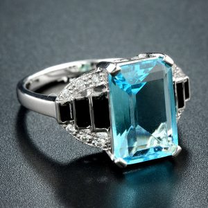 Blue Topaz Onyx Diamond Engagement Ring (R2433)