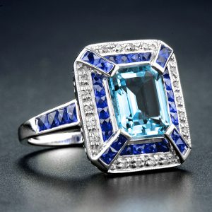 Blue Topaz Sapphire Diamond Halo Ring (R2445)