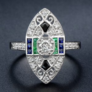 Diamond Emerald Sapphire Onyx Cluster Ring (R2457)