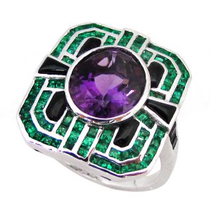 Amethyst Emerald Onyx  Halo Ring (R2546)
