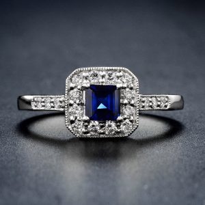 Blue Sapphire Diamond Halo Ring (R3002-PT)