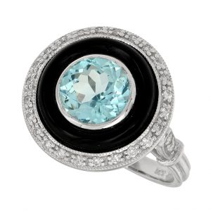 Blue Topaz Onyx Diamond Ring (R3301)
