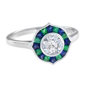 Alternative view of Diamond Emerald and Sapphire Target  Engagement Ring (R4016)
