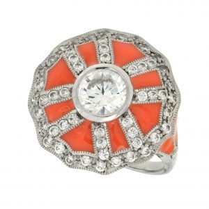 Diamond Red Agate Color Enamel Ring (R3071)