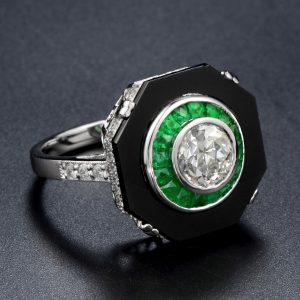 Diamond Emerald Onyx Engagement Ring (R3798)