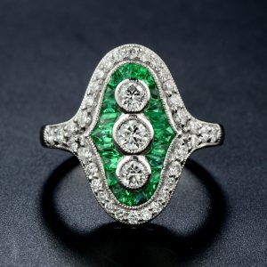 Diamond Emerald Three Stone Ring (R3868)
