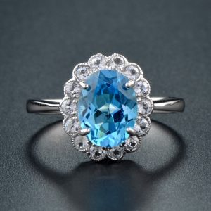 Swiss Blue Topaz Diamond Halo Engagement Ring (R1059)