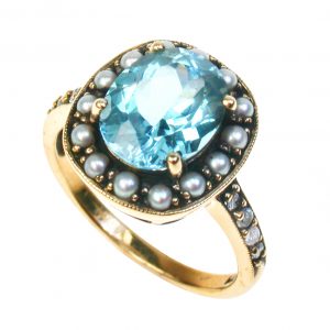 Blue Topaz Pearl Diamond Halo Ring (R1061)