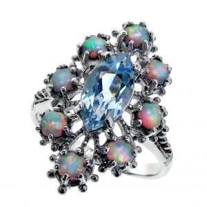 Blue Topaz Opal Halo Ring (R1283)