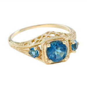 Alternative view of London Blue Topaz Filigree Three Stone Ring (R0922)