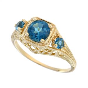 London Blue Topaz Filigree Three Stone Ring (R0922)