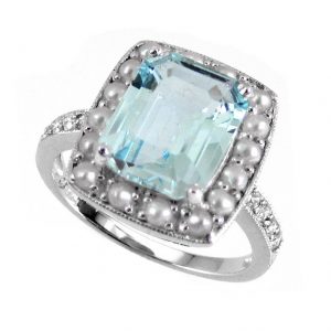 Blue Topaz Pearl Diamond Halo Ring (R1060)