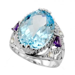 Blue Topaz Amethyst Pearl Solitaire Ring (R1827)