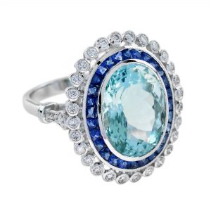 Alternative view of Aquamarine Blue Sapphire Diamond Halo Engagement Ring (R3369)