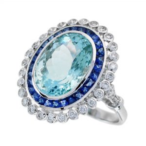 Aquamarine Blue Sapphire Diamond Halo Engagement Ring (R3369)