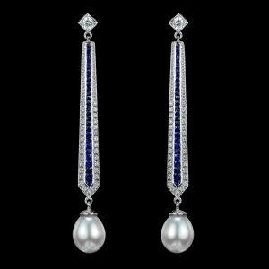 Diamond Blue Sapphire Pearl Dangle Earrings (E1720-LS)