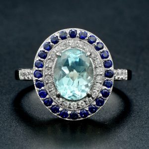 Blue Topaz Blue Sapphire Diamond Halo Ring (R3838-OV)