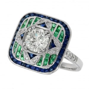 Diamond Emerald Blue Sapphire Diamond Engagement Ring (R3786)