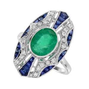 Emerald Blue Sapphire Diamond Cocktail Ring (R3612)