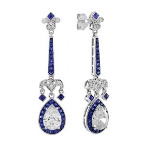Blue Sapphire Emerald Diamond Dangle Earrings (E2485)