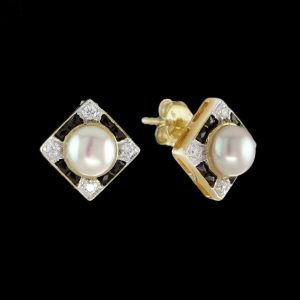Pearl Onyx Diamond Stud Earrings (E3878)