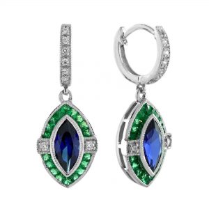Blue Sapphire Emerald Diamond Leverback Earrings (E5240)