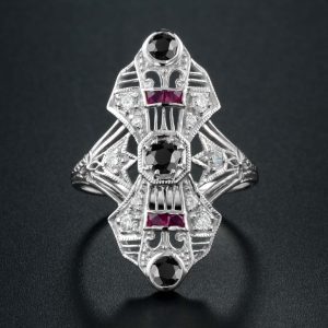 Onyx Ruby Diamond Filigree Three Stone Ring (R1561)