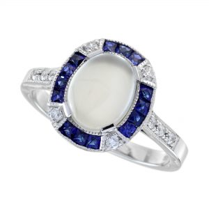 Moonstone Blue Sapphire Diamond Halo Engagement Ring (R5831)