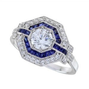 Diamond Blue Sapphire Halo Engagement Ring (R5715-RD)
