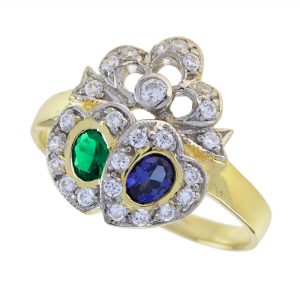 Emerald Blue Sapphire Diamond Halo Ring (R1229)