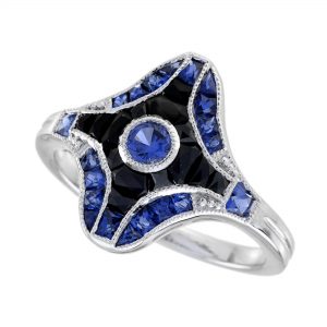 Blue Sapphire Onyx Diamond Engagement Ring (R5372-2)