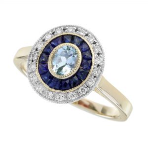 Blue Topaz Blue Sapphire Diamond Halo Engagement Ring (R5905)