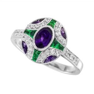 Amethyst Emerald Diamond Halo Engagement Ring (R5932)