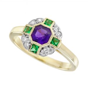Amethyst Emerald Diamond Halo Engagement Ring (R5935)