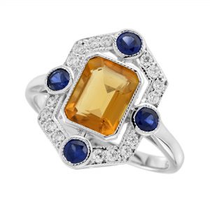Citrine Blue Sapphire Diamond Halo Engagement Ring (R5939)
