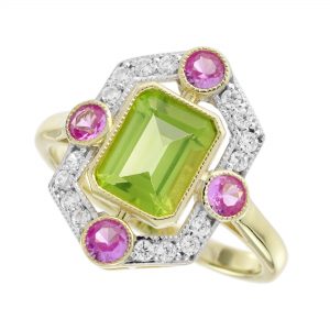 Peridot Pink Sapphire Diamond Halo Engagement Ring (R5939)