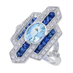 Blue Topaz Blue Sapphire Diamond Cocktail Ring (R4163)