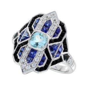 Blue Topaz Blue Sapphire Onyx Diamond Engagement Ring (R5503)