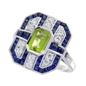 Peridot Blue Sapphire Diamond Halo Engagement Ring (R5695-2)